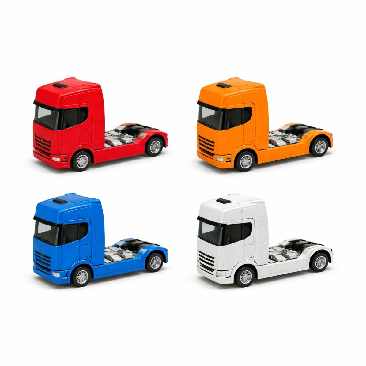 Set 12 camioane cap tractor metal rabatabile 12.5 cm sunete lumini 4 culori