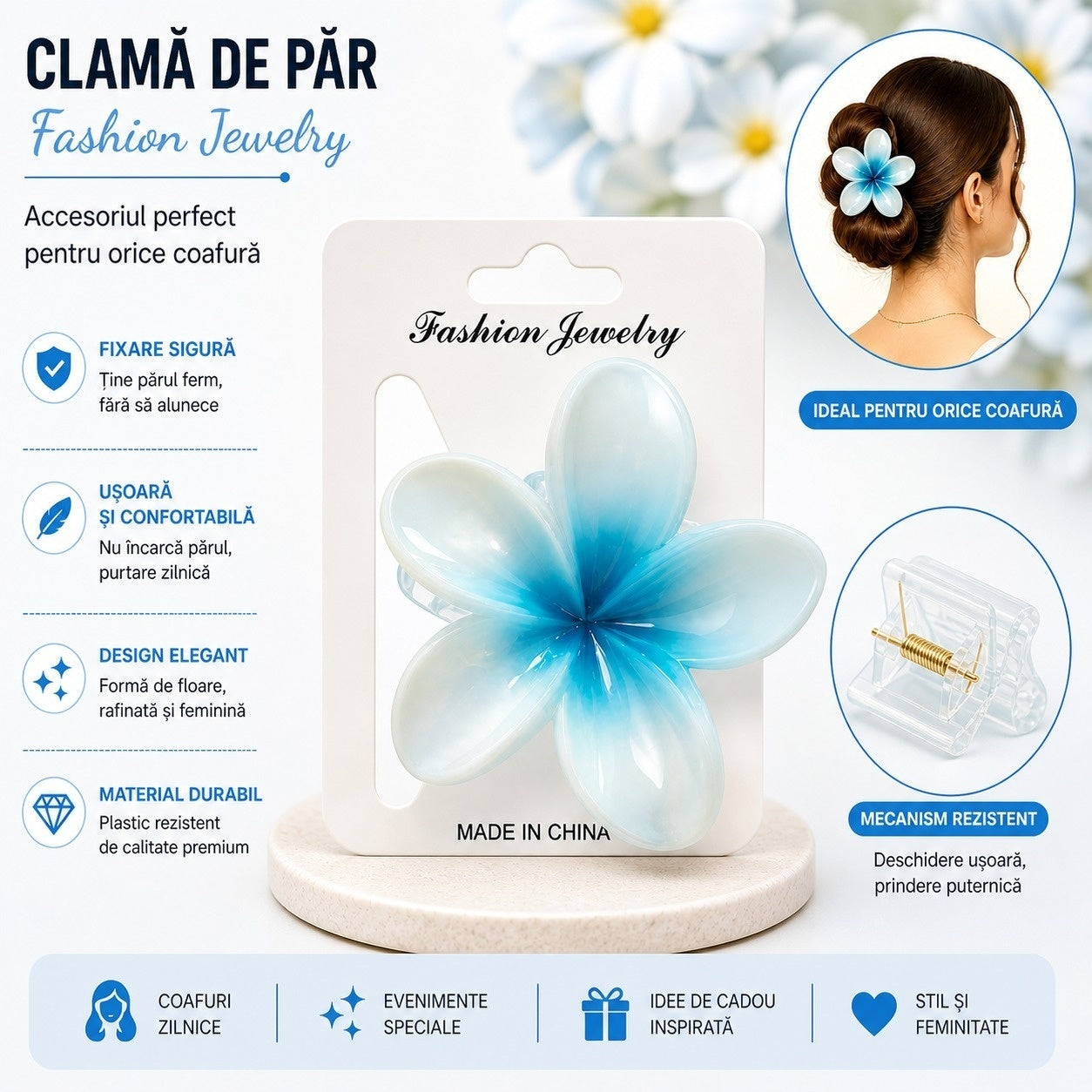 Set 12 Clame Florale Elegante pentru Par, Model Floare, 8 cm, Multicolor