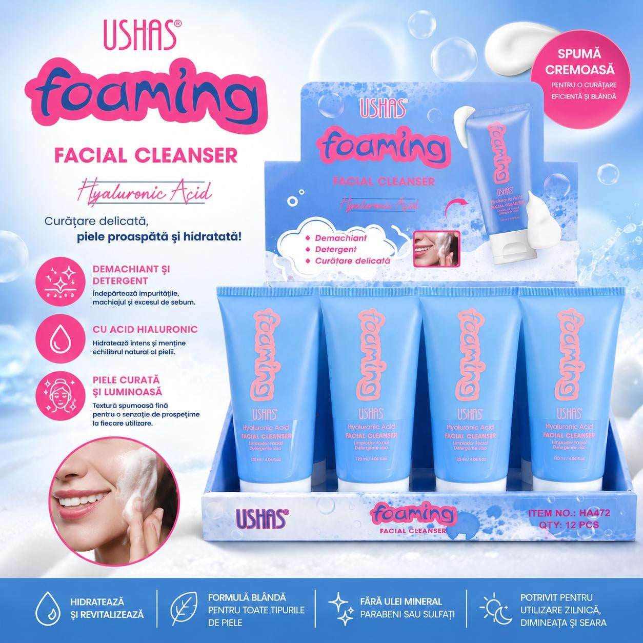 Set 12 Cleanser Demachiant Facial Spumă cu Acid Hialuronic USHAS 120 ml