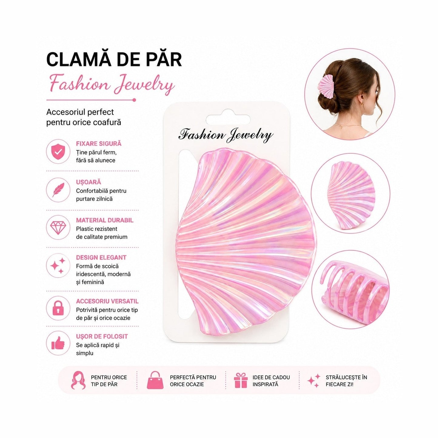 Set 12 Clești de Păr 10 cm – Clame Sidefate Model Scoică, Diverse Culori