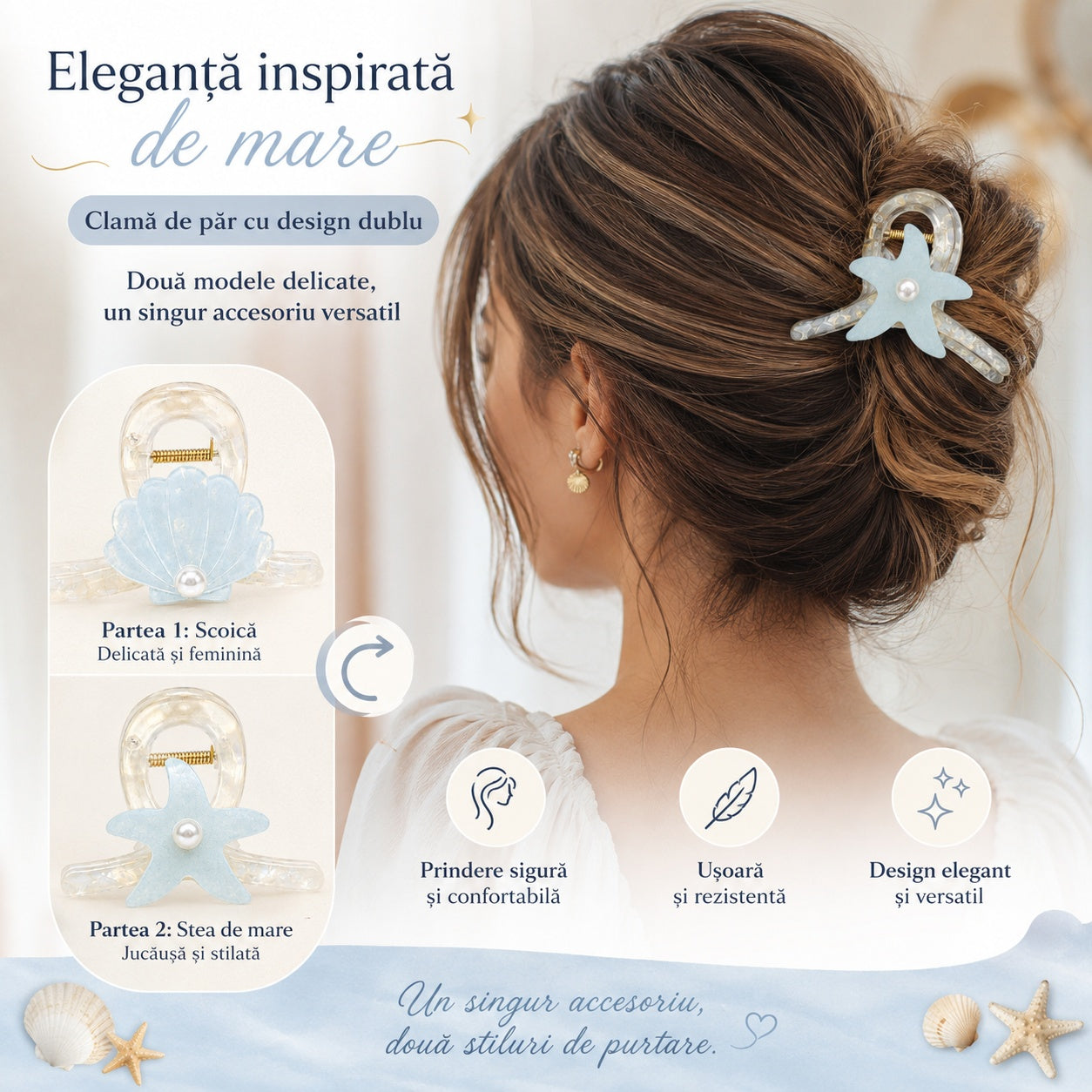 Set 12 Clești de Păr 8 cm cu Scoică și Stea de Mare – Diverse Culori Pastelate