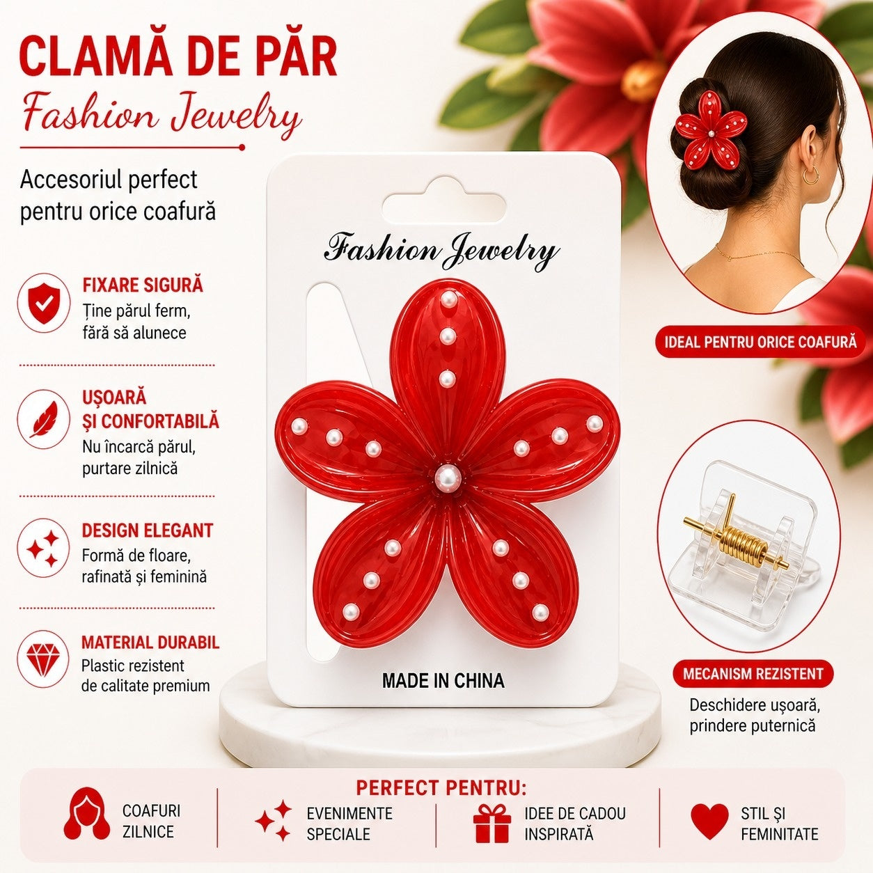 Set 12 Clești de Păr Floare cu Perle 8 cm – Clame Elegante, Diverse culori