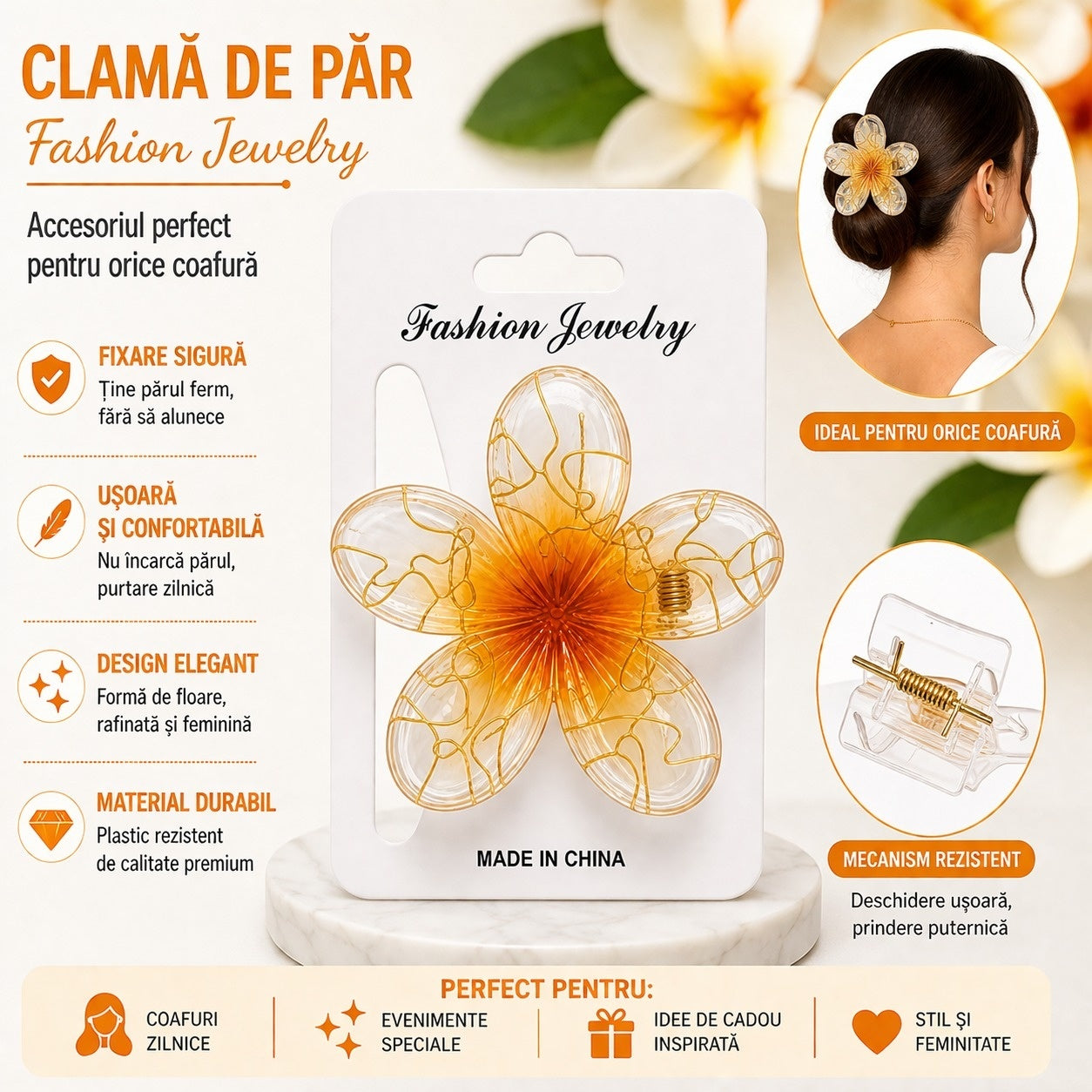 Set 12 Clești de Păr Floare Elegantă 8 cm – Clame Transparente cu Detalii Aurii