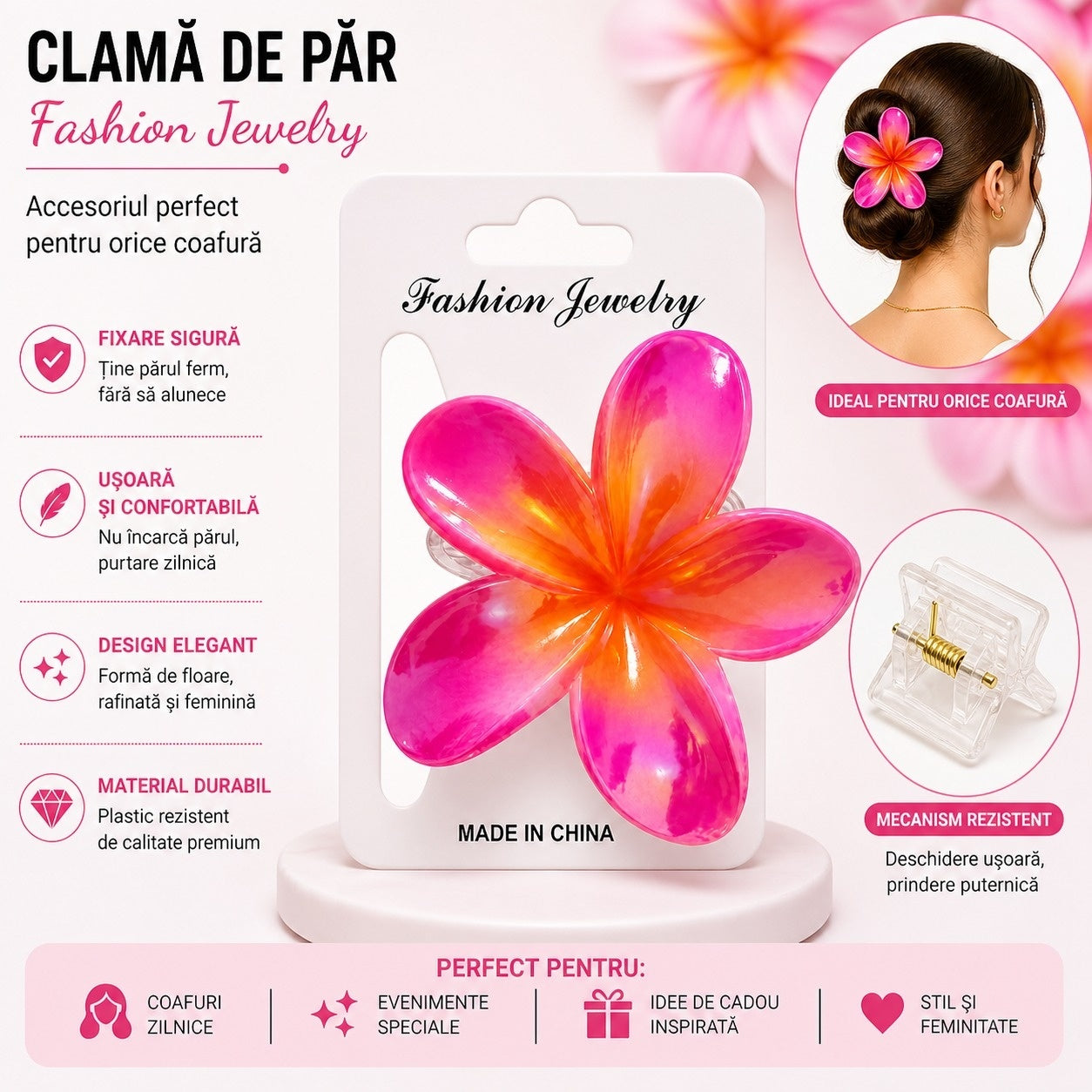 Set 12 Clești de Păr Floare Tropicală 8 cm – Clame Colorate pentru Femei și Fete