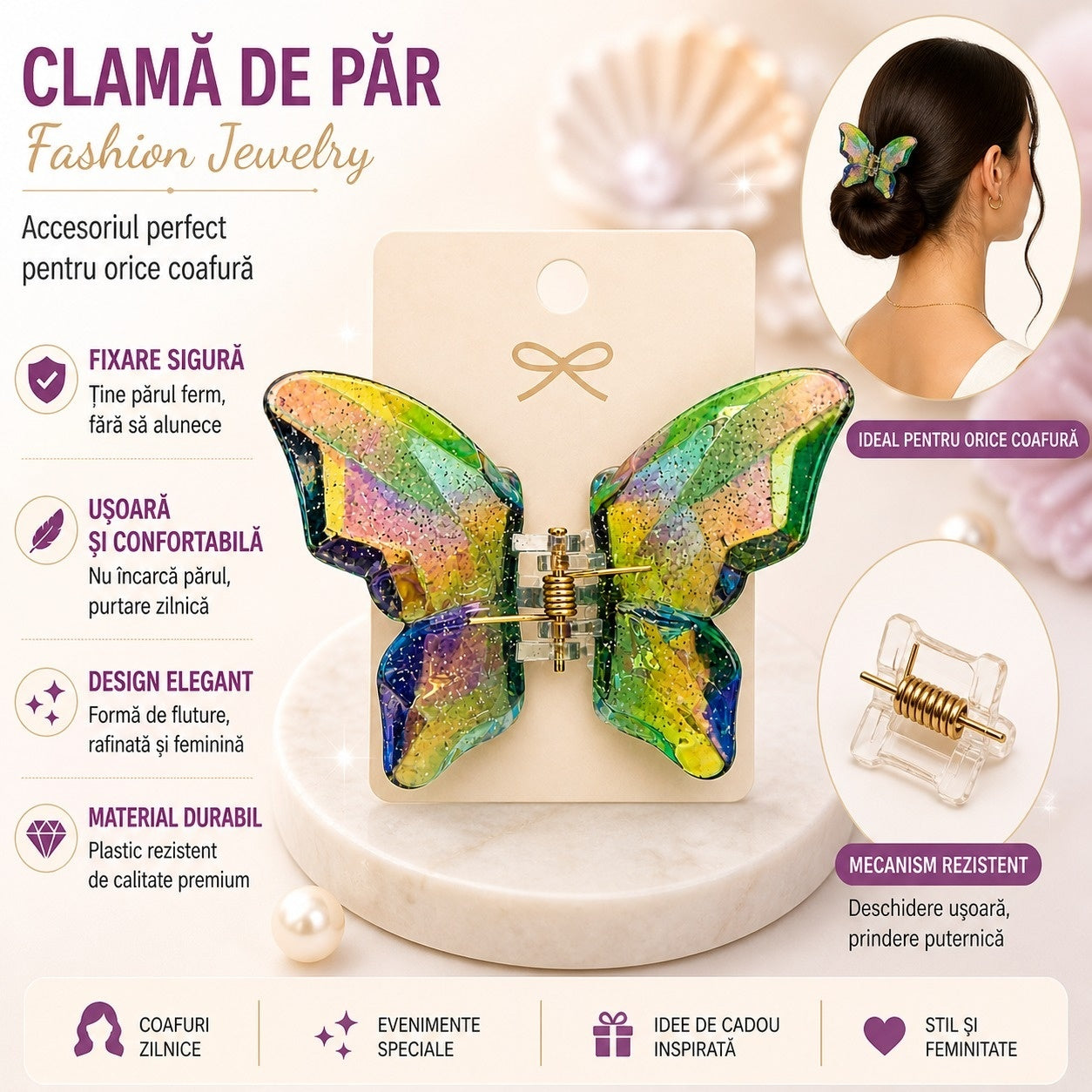 Set 12 Clești de Păr Fluture 6x8 cm – Clame Colorate cu Efect Irizat