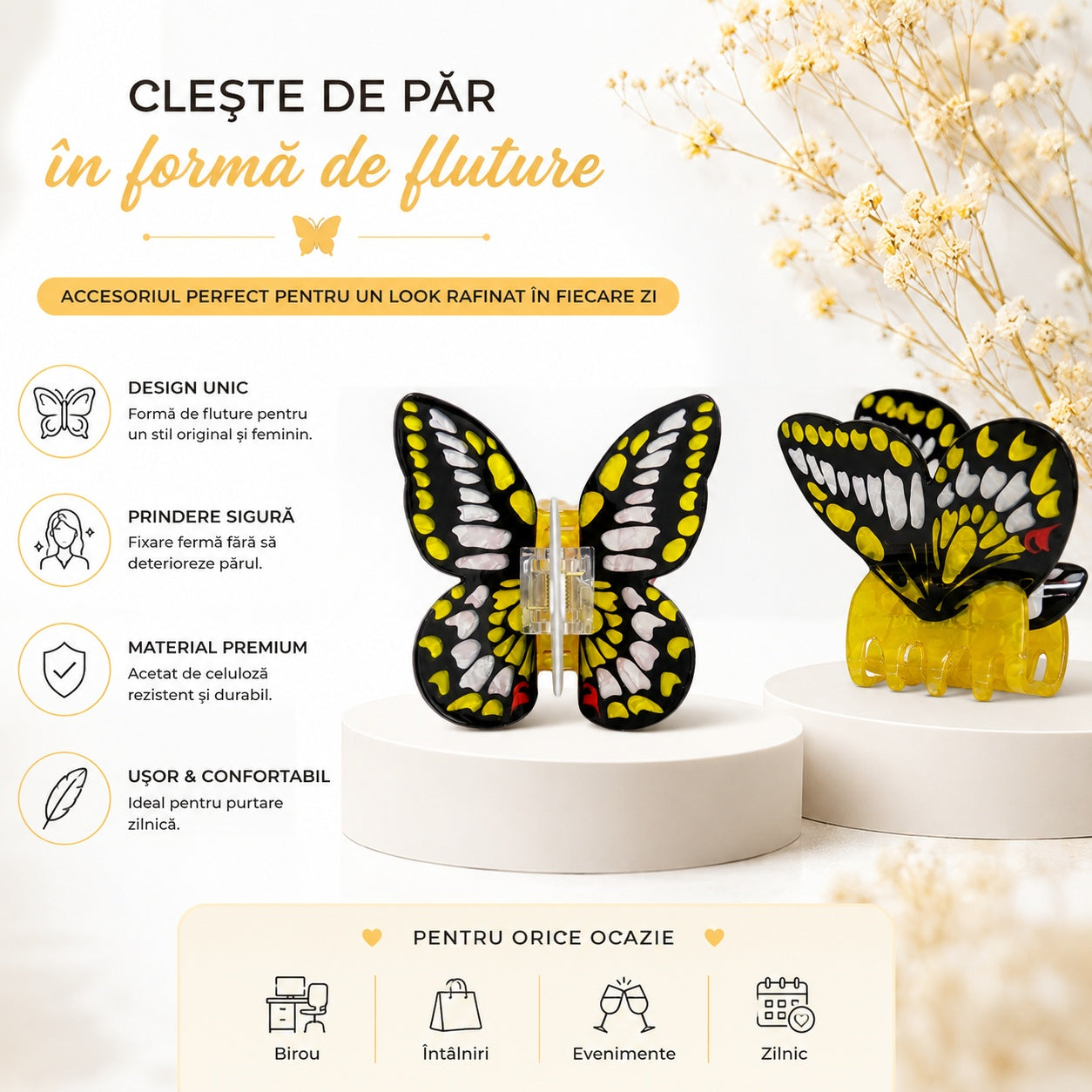 Set 12 Clești de Păr Fluture 7,5 cm – Clame Colorate, Diverse Modele