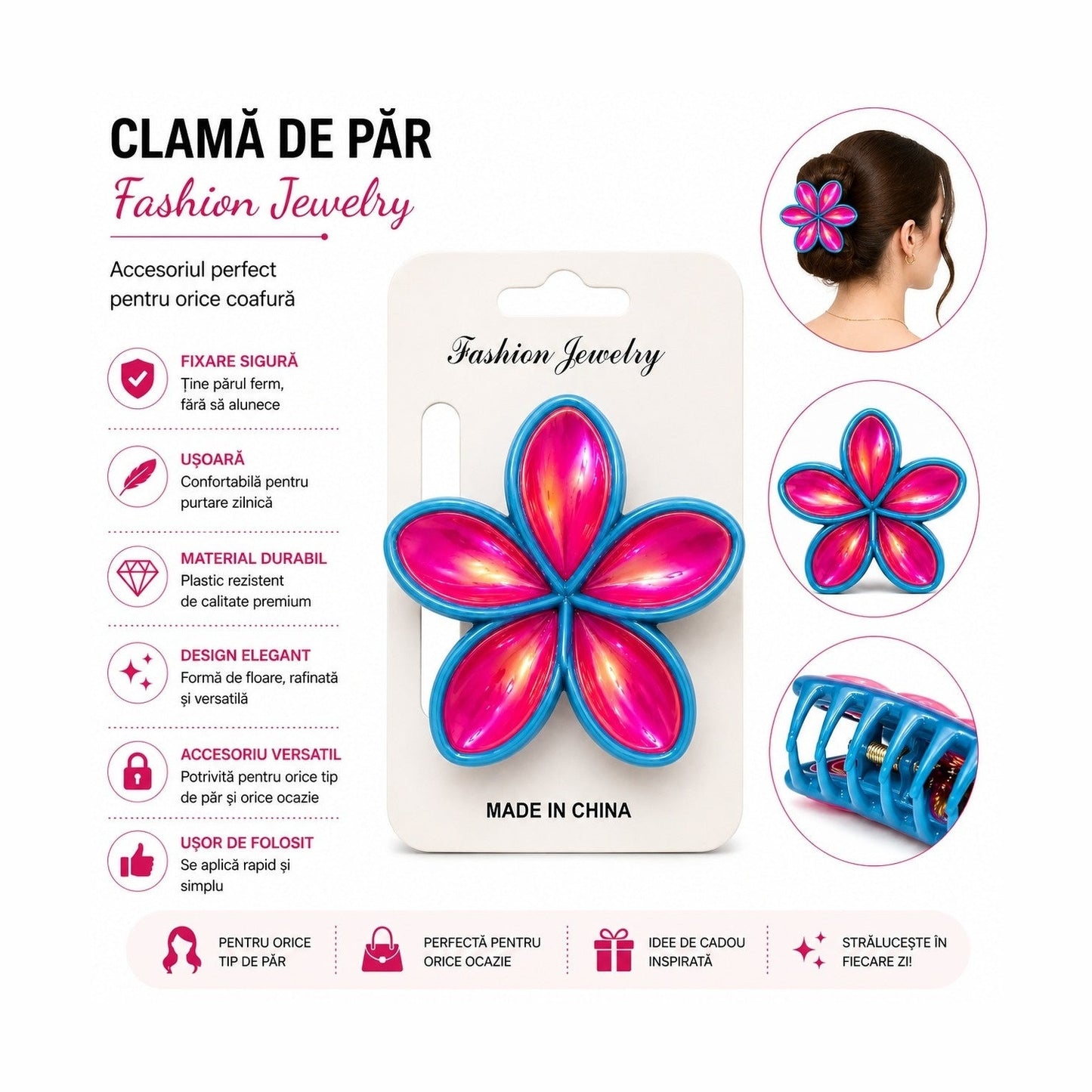Set 12 Clești de Păr Model Floare 8 cm – Clame Colorate Elegante pentru Fete și Femei