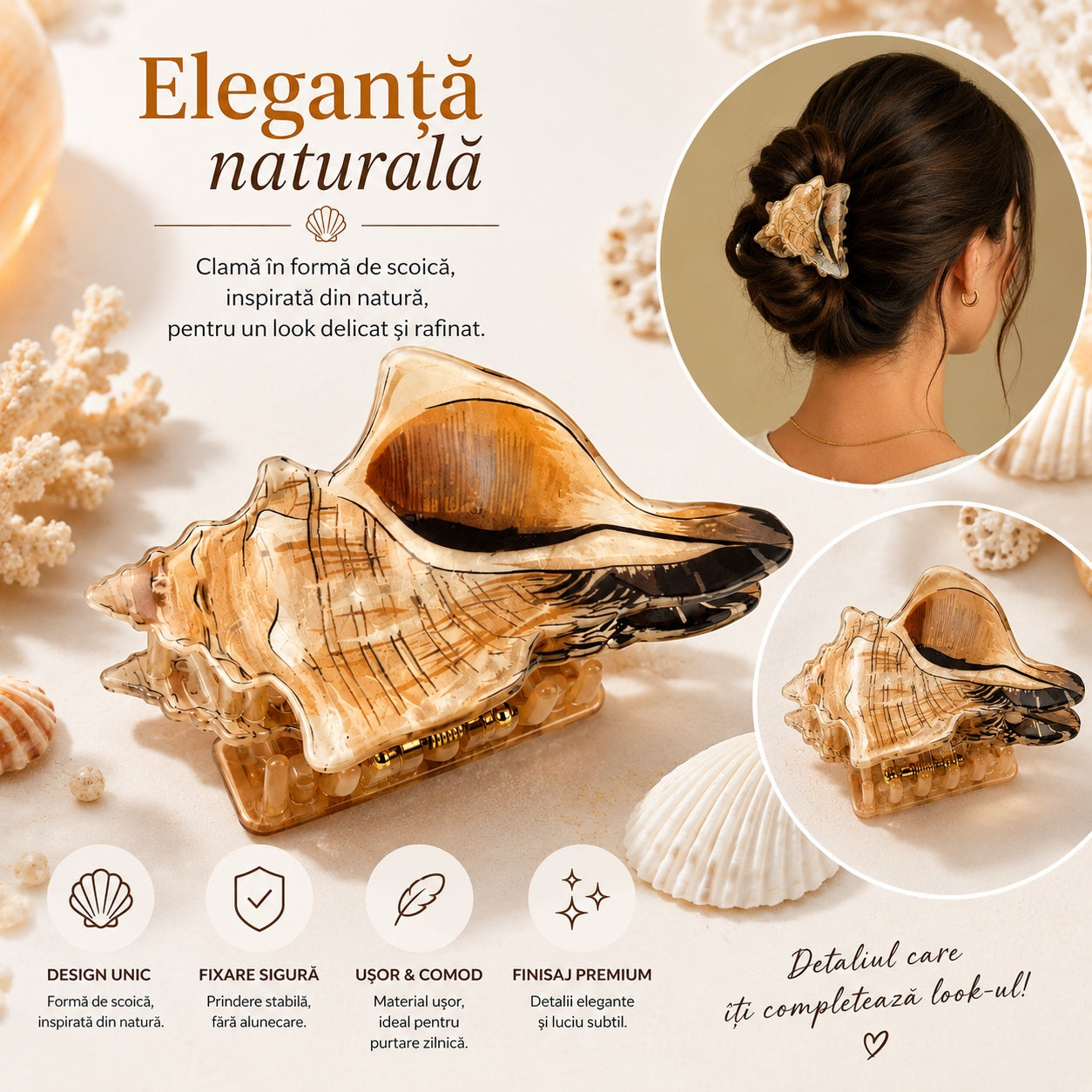 Set 12 Clești de Păr Model Scoică 7 cm – Clame de Păr Elegante cu Design Oceanic