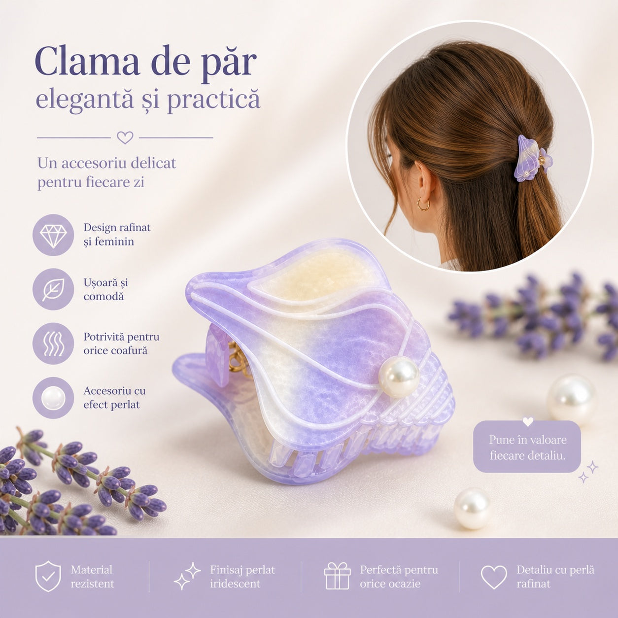 Set 12 Clești de Păr Model Scoici 7x5 cm – Clame Elegante cu Perlă și Design Oceanic