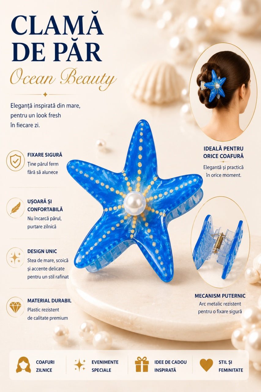Set 12 Clești de Păr Model Stea de Mare 8x7 cm – Clame de Păr Oceanice cu Perlă Decorativă