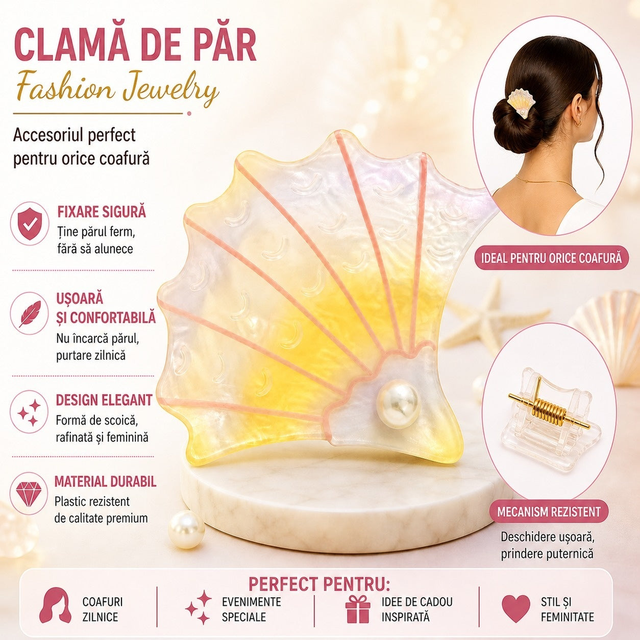 Set 12 Clești de Păr Scoică 7 cm cu Perlă – Diverse Culori Pastelate