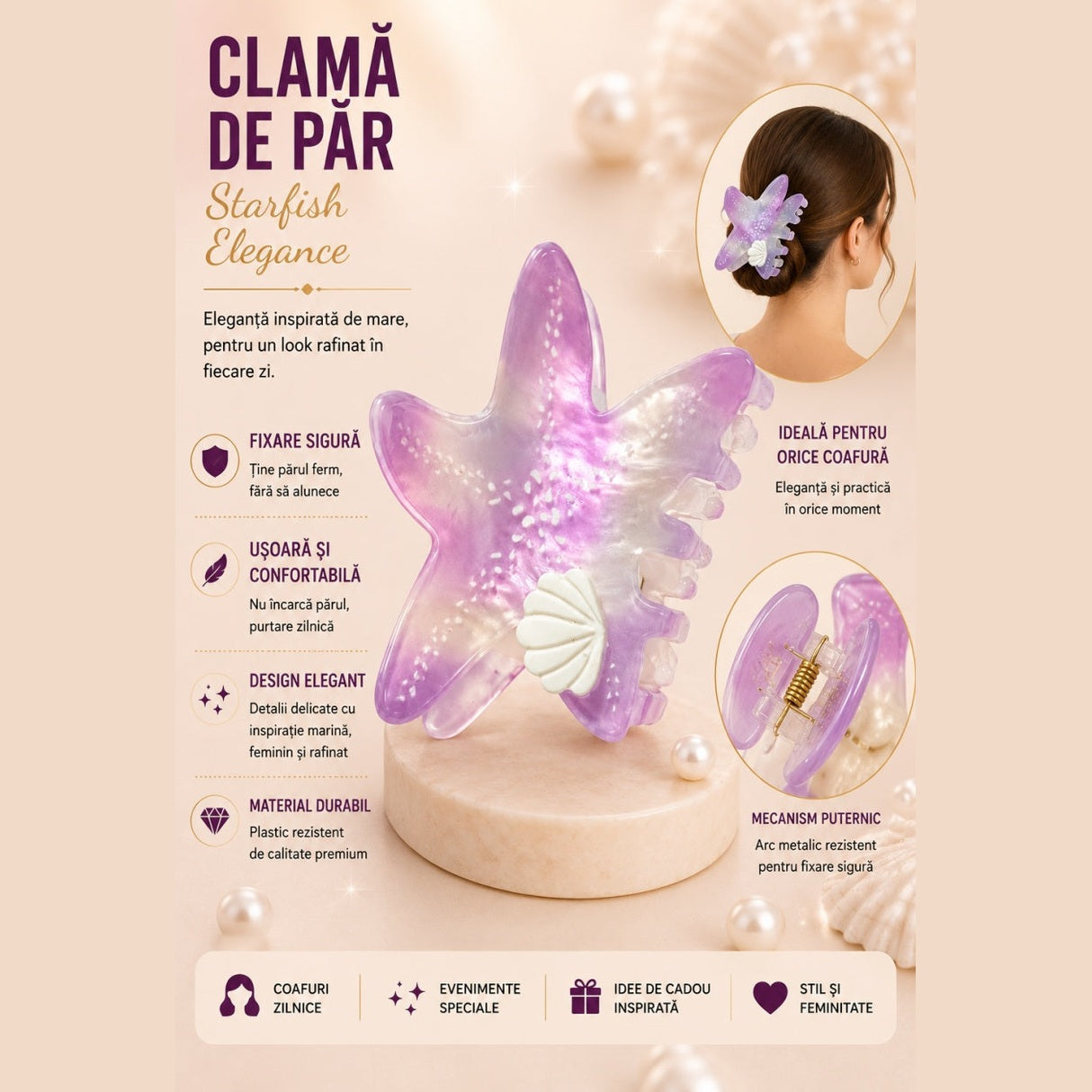 Set 12 Clești de Păr Stea de Mare 7,5 cm – Clame cu Scoică Decorativă, Diverse Culori