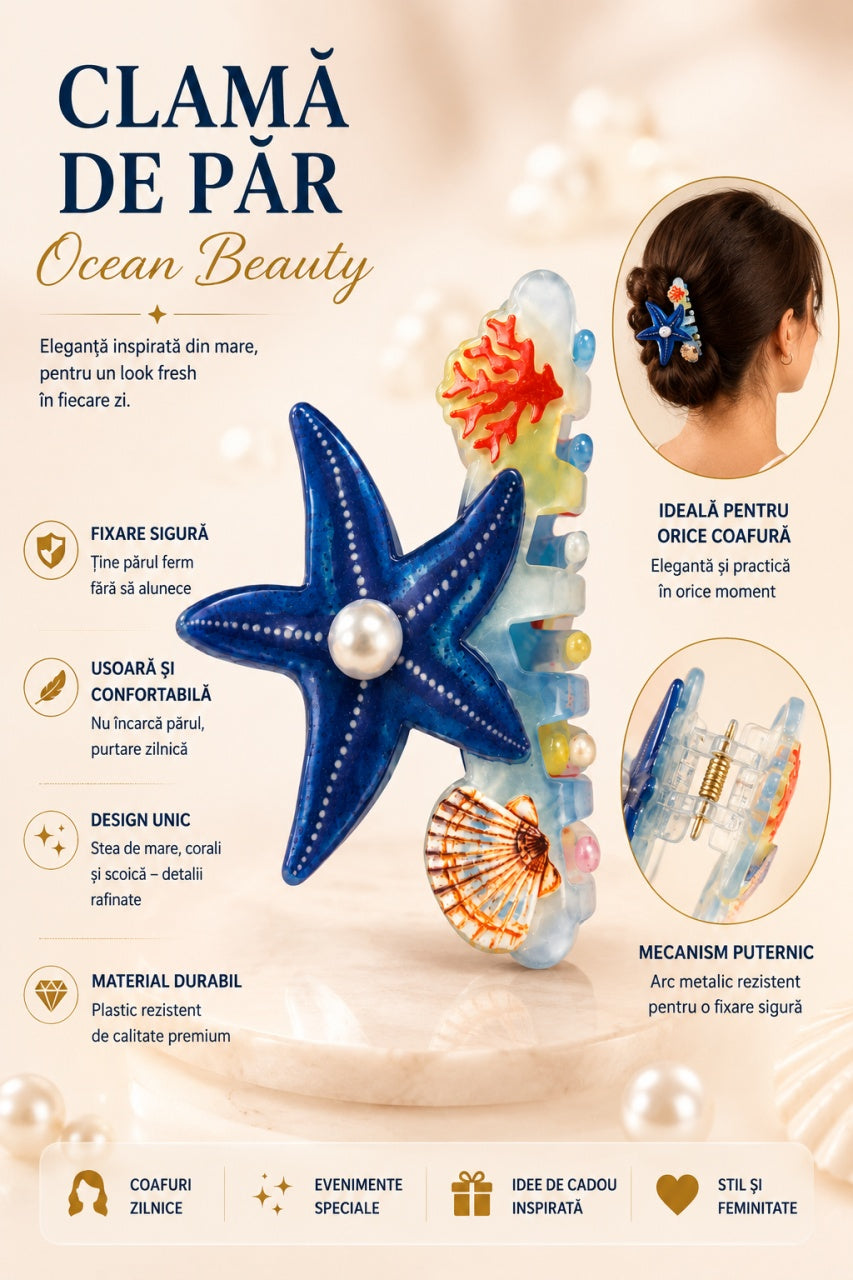 Set 12 Clești de Păr Stea de Mare 8 cm – Clame cu Scoici și Perle, Diverse Modele