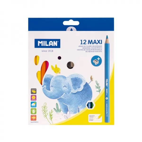 Set 12 creioane colorate groase Milan Maxi + ascutitoare , culori vibrante si design ergonomic pentru copii,