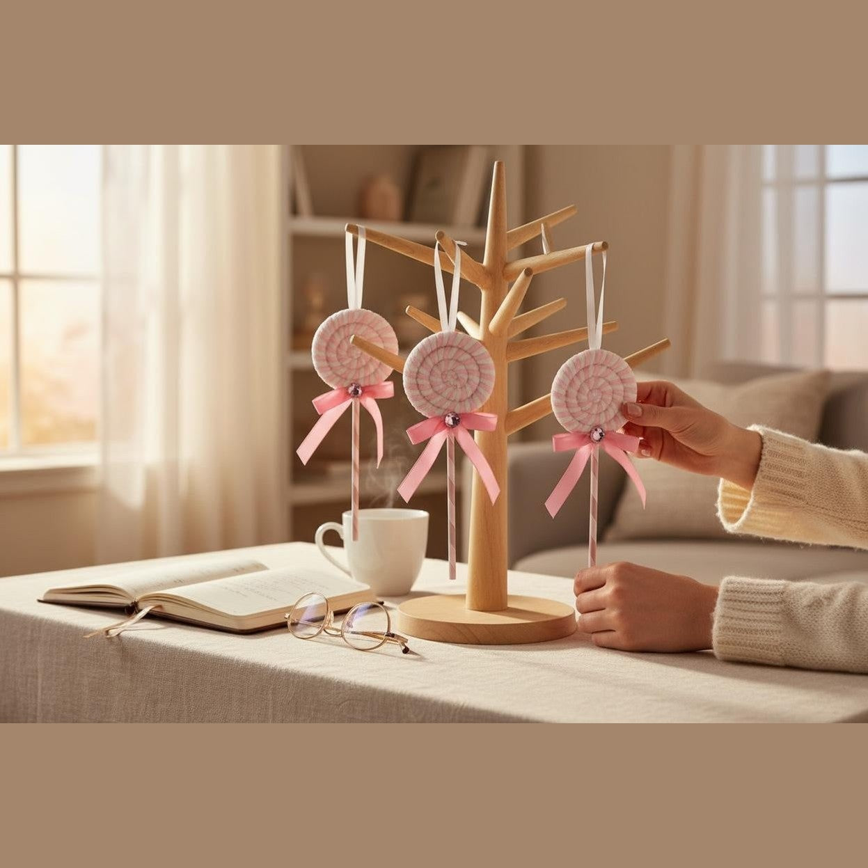 Set 12 decoratiuni acadea roz pentru brad, 23 cm, model candy decor Craciun