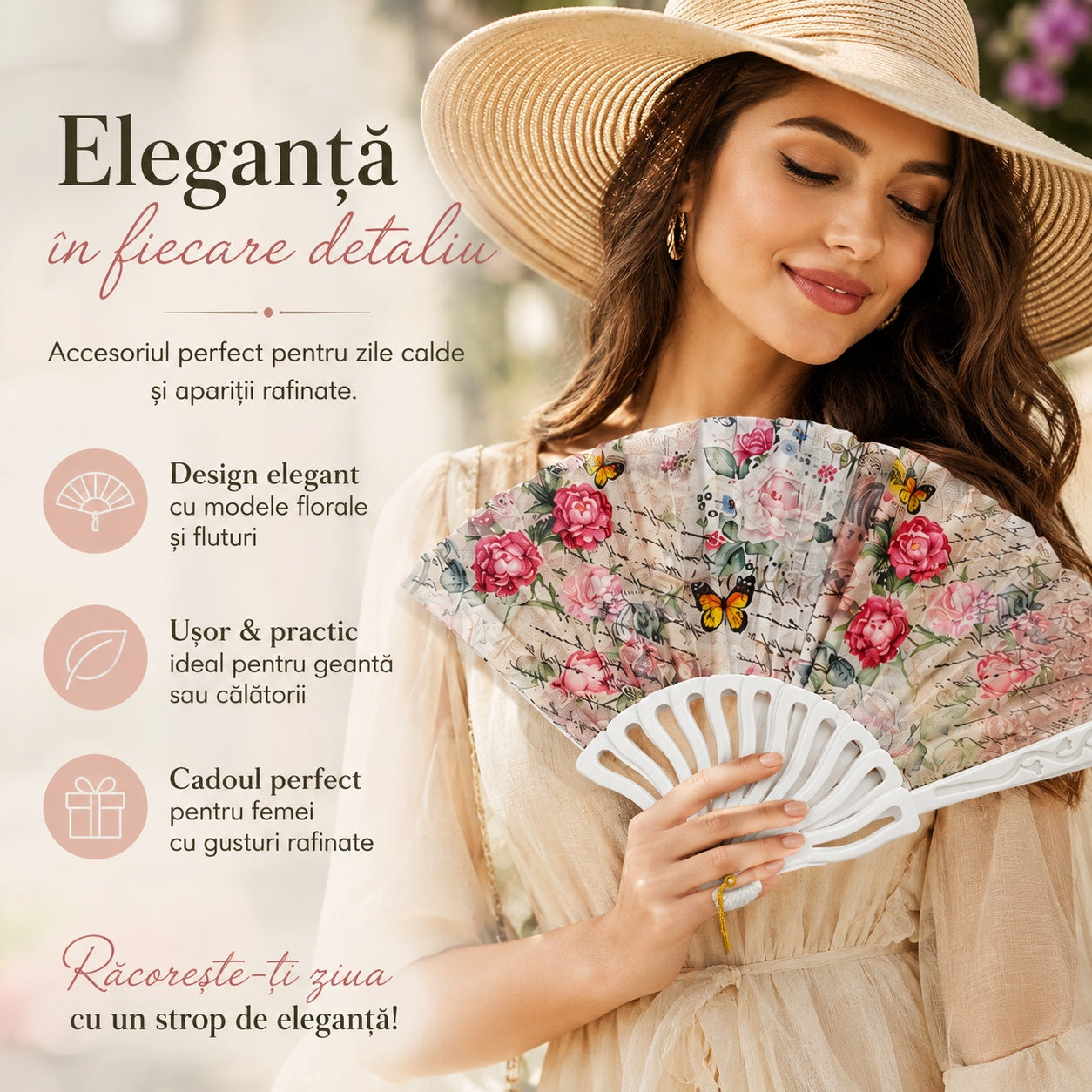 Set 12 Evantaie 23 cm – Modele Florale și Fluturi, Evantaie Elegante Livrate Aleatoriu