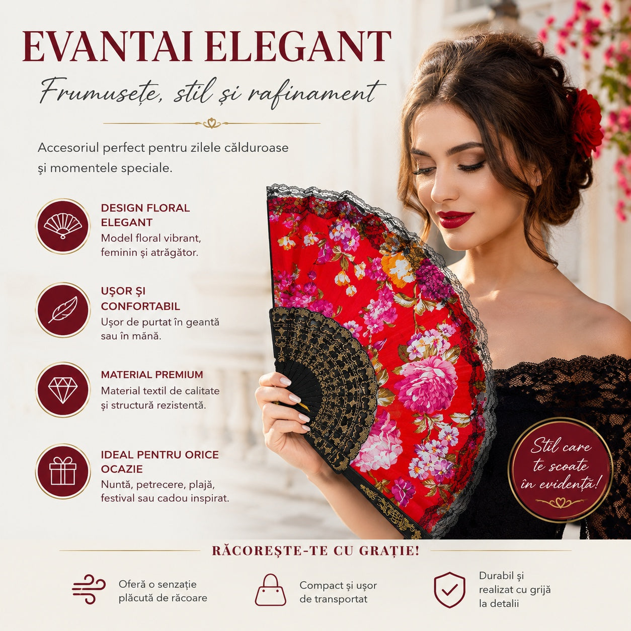Set 12 Evantaie Elegante 23 cm – Modele Florale Vintage, Culori Diferite