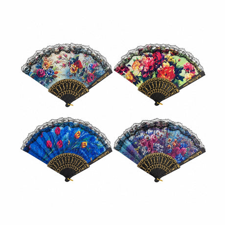 Set 12 Evantaie Elegante cu Dantelă 23 cm – Modele Florale Diverse, Culori Diferite