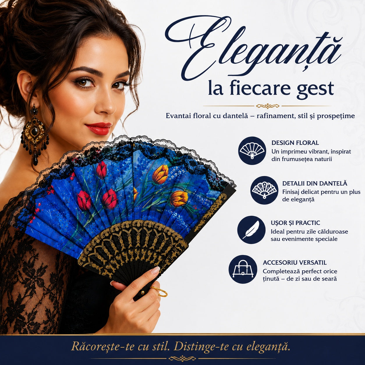 Set 12 Evantaie Elegante cu Dantelă 23 cm – Modele Florale Diverse, Culori Diferite