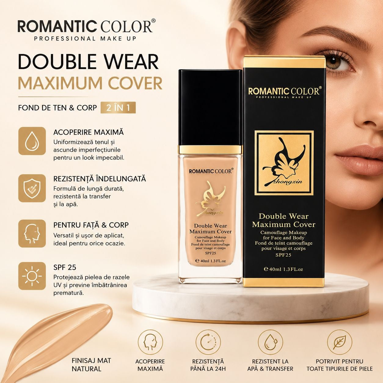 Set 12 Fond de Ten Față și Corp SPF25 Romantic Color – Acoperire Maximă, Rezistență Îndelungată