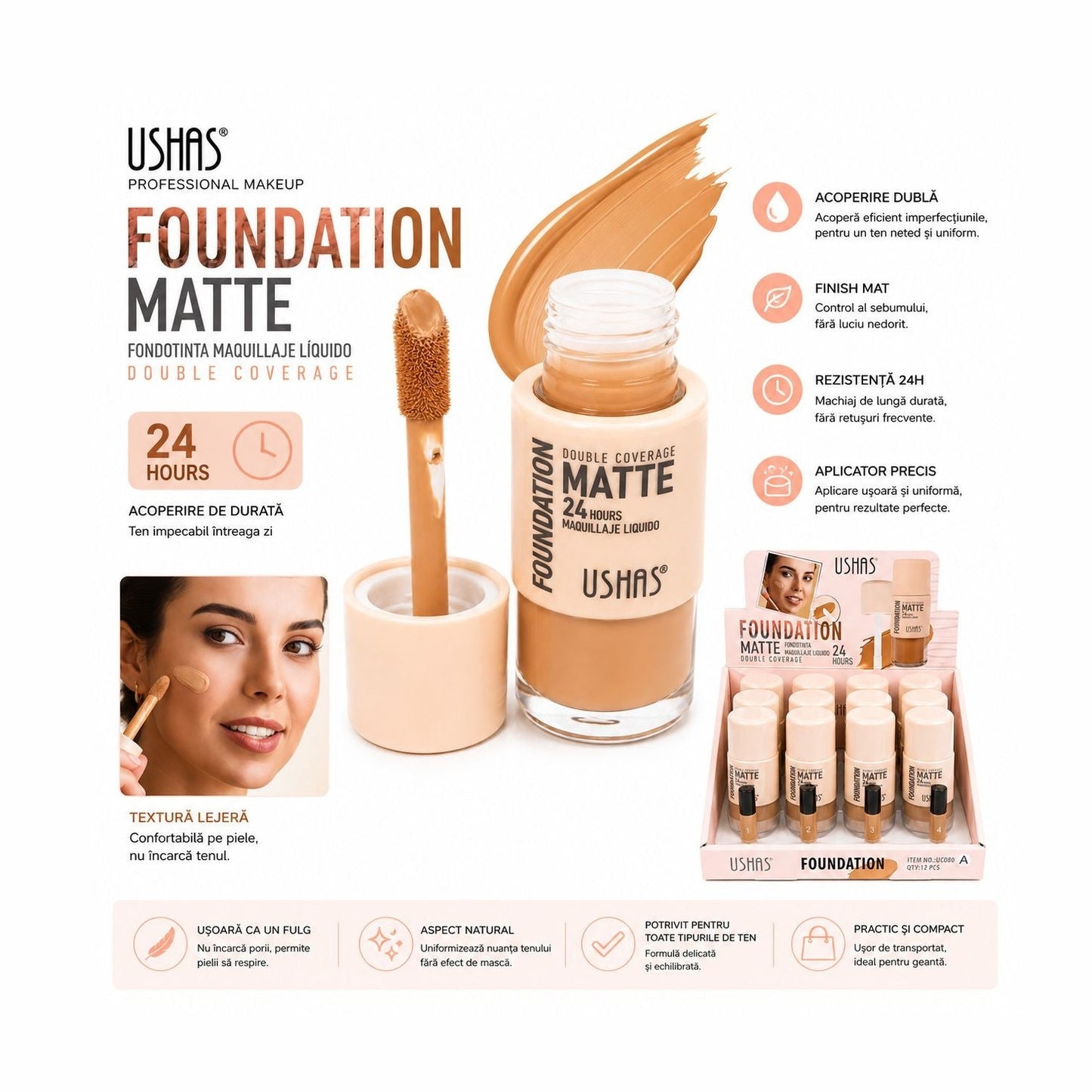 Set 12 Fond de Ten Mat USHAS – 4 Nuanțe, Acoperire Mare, Rezistență 24H
