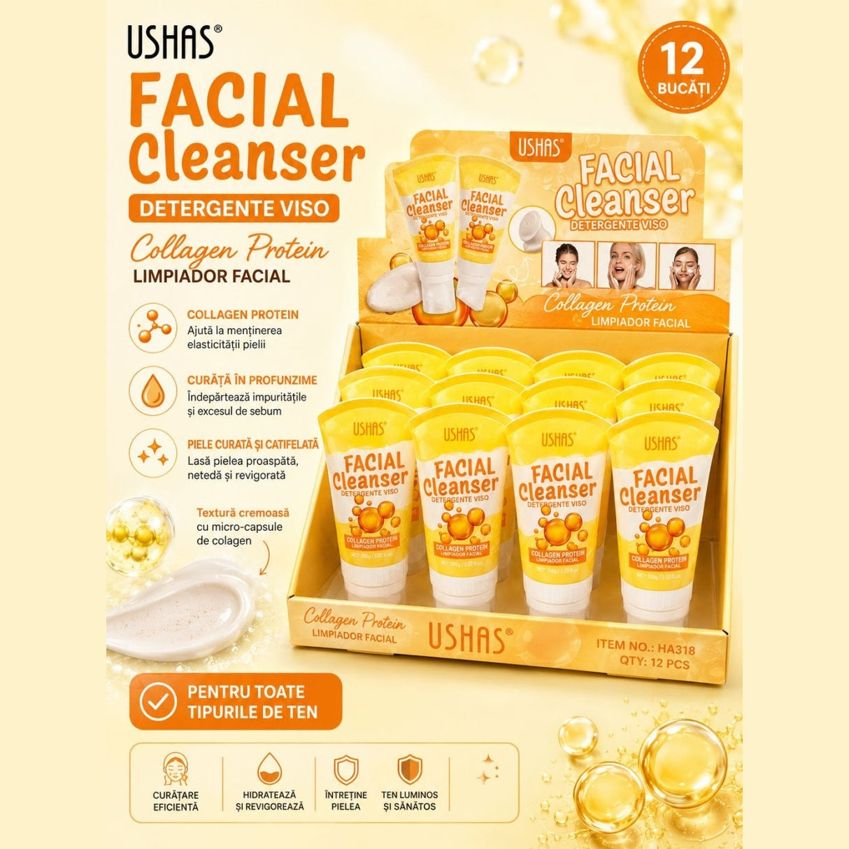 Set 12 Geluri de Curățare Facială USHAS cu Proteină de Colagen – Cleanser pentru Față, Curățare și Hidratare