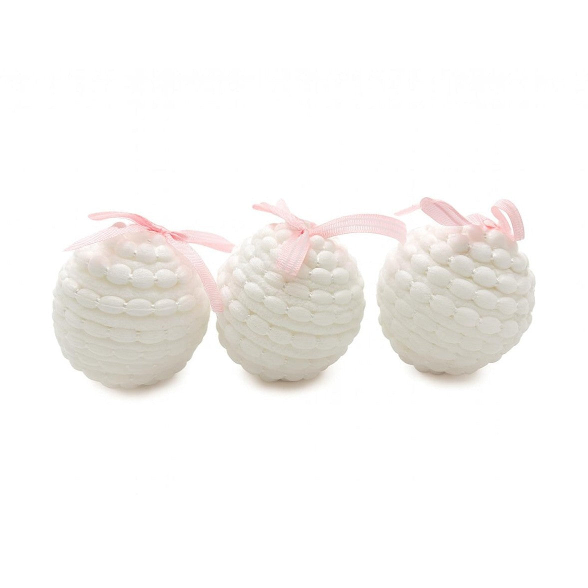 Set 12 globuri albe cu fundita roz pentru brad, 9 cm per bucata, model pufos elegant