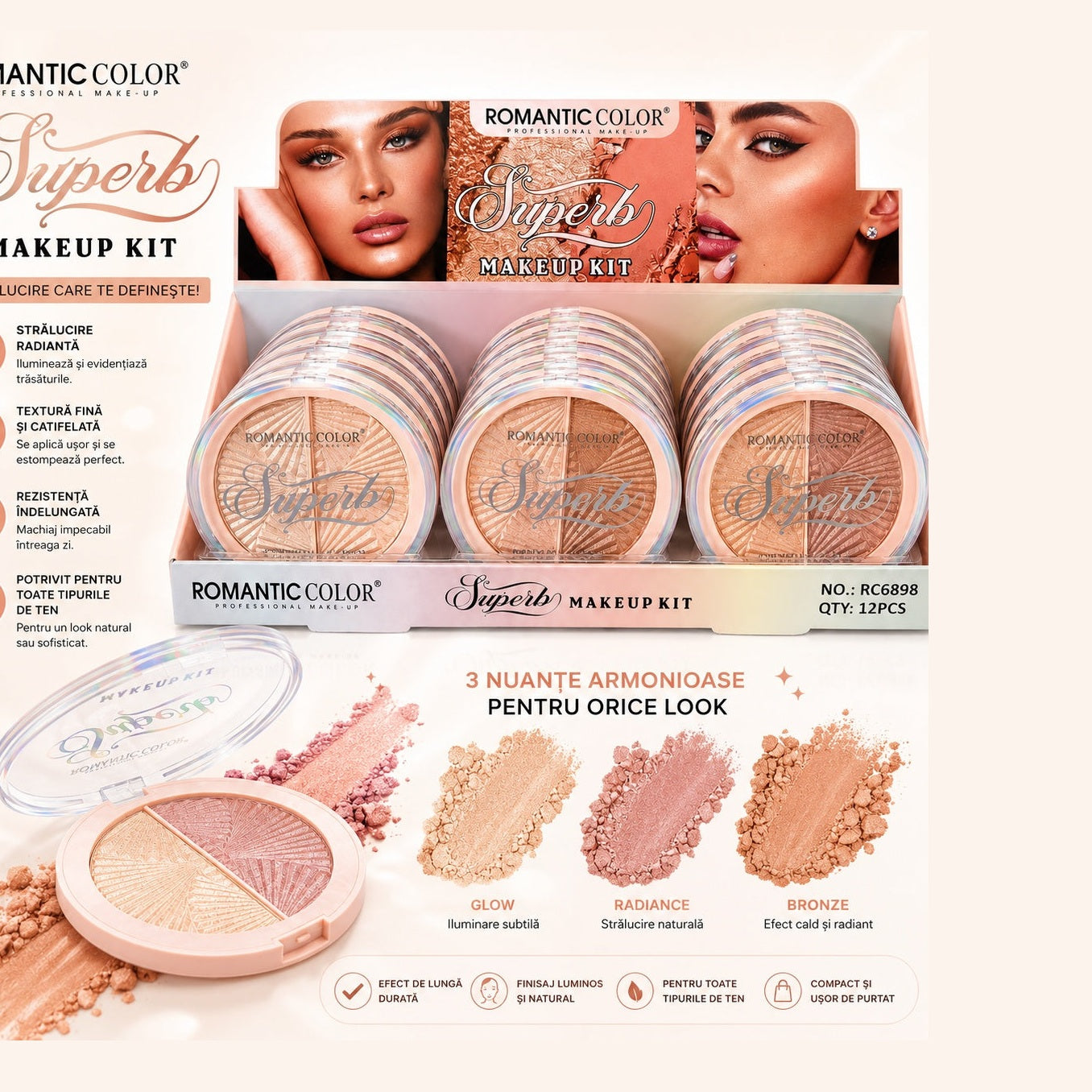 Set 12 Iluminatoare Duo Romantic Color Superb – Highlighter Compact cu 2 Nuanțe