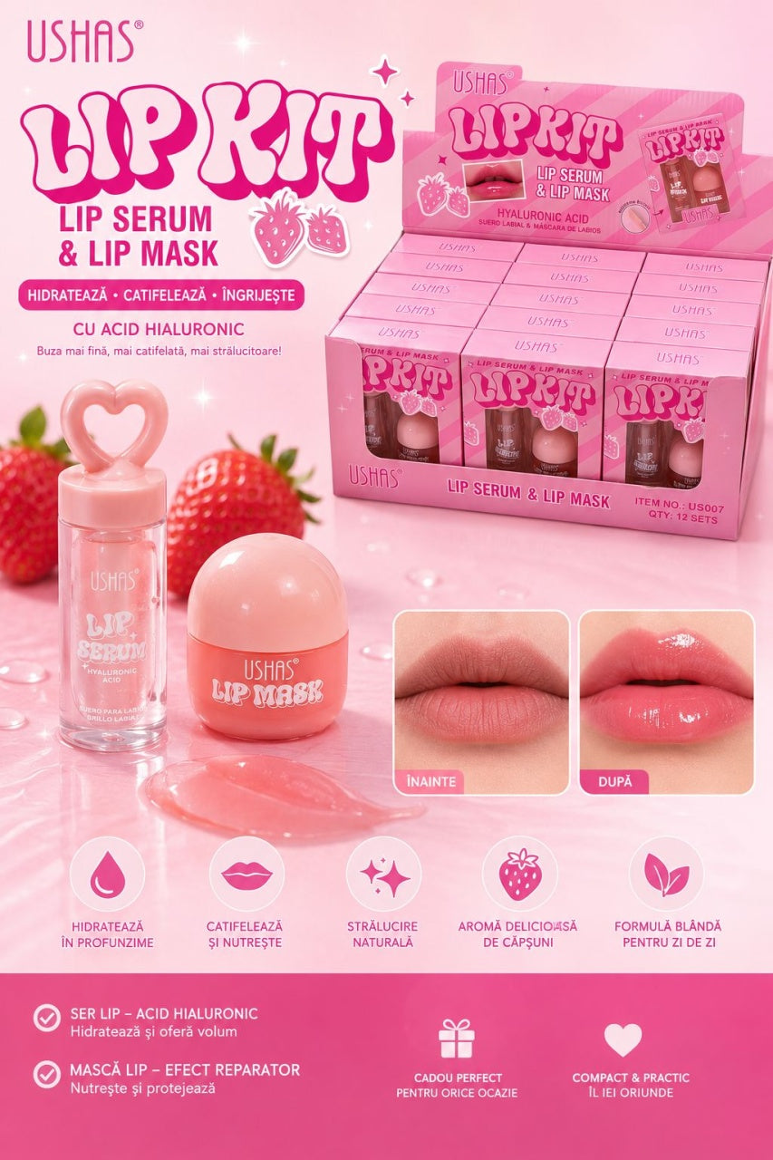Set 12 Kituri Îngrijire Buze USHAS Lip Kit – Ser cu Acid Hialuronic și Mască de Buze Hidratantă
