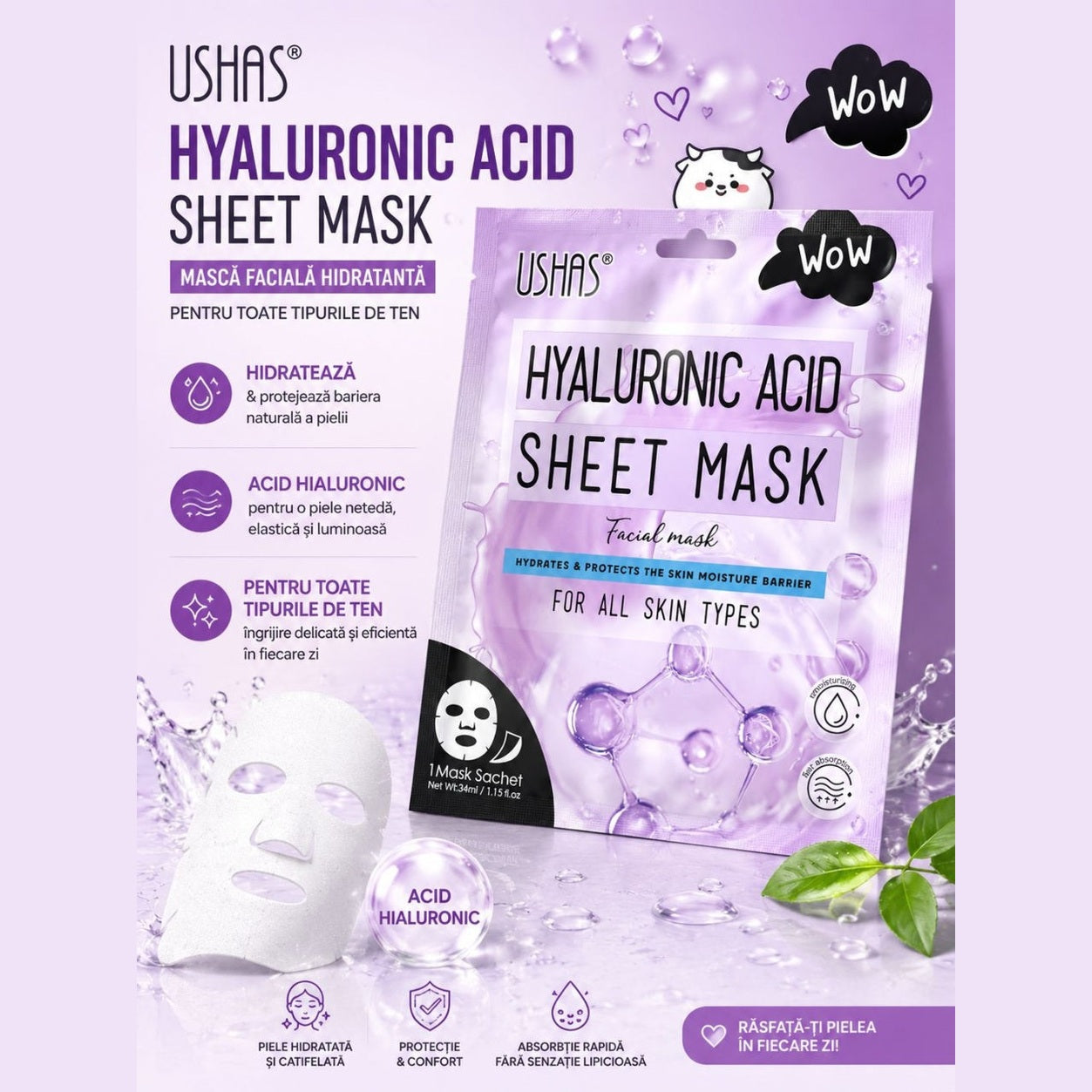 Set 12 Măști Faciale cu Acid Hialuronic USHAS – Hidratare Intensă, Elasticitate și Luminozitate pentru Ten