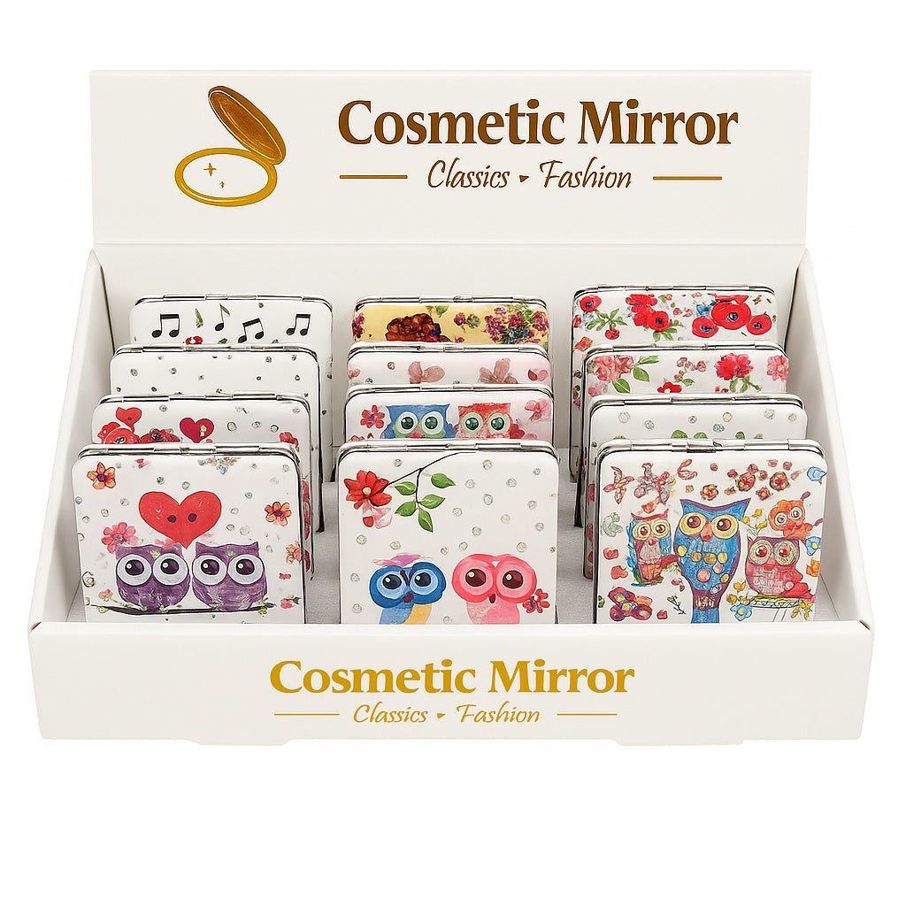 Set 12 oglinzi cosmetice 2 in 1 , modele cu bufnite si flori, design fashion
