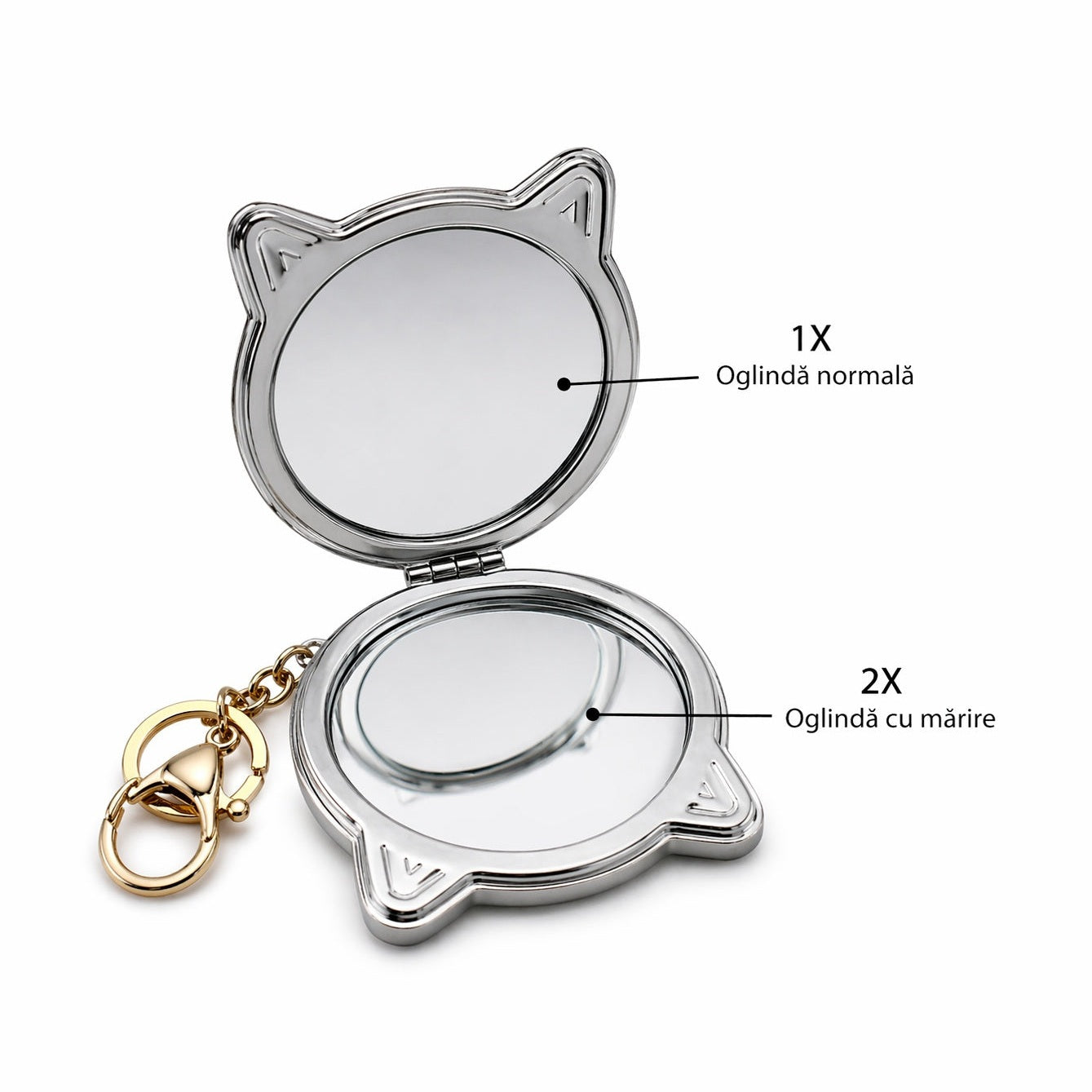 Set 12 oglinzi cosmetice, 7,5 cm, forma pisică, diverse modele, portabile cu breloc