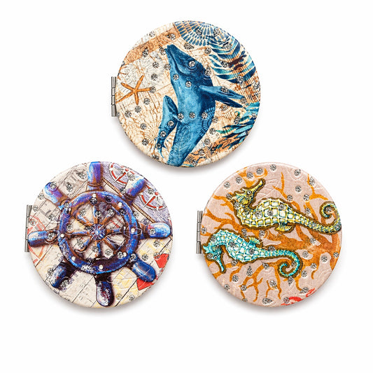 Set 12 oglinzi cosmetice 7 cm , elemente marine, oglindă dublă, compacte și elegante