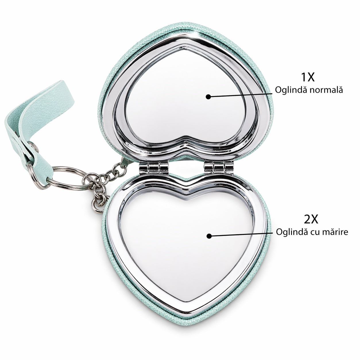 Set 12 oglinzi cosmetice 7 cm, model inimă, design elegant cu breloc