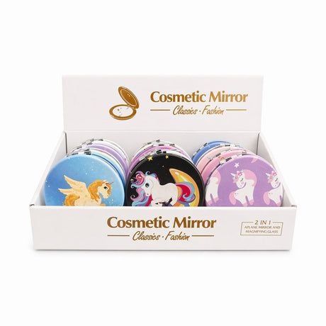 Set 12 oglinzi cosmetice 7 cm model unicorn, oglindă dublă, compacte și portabile