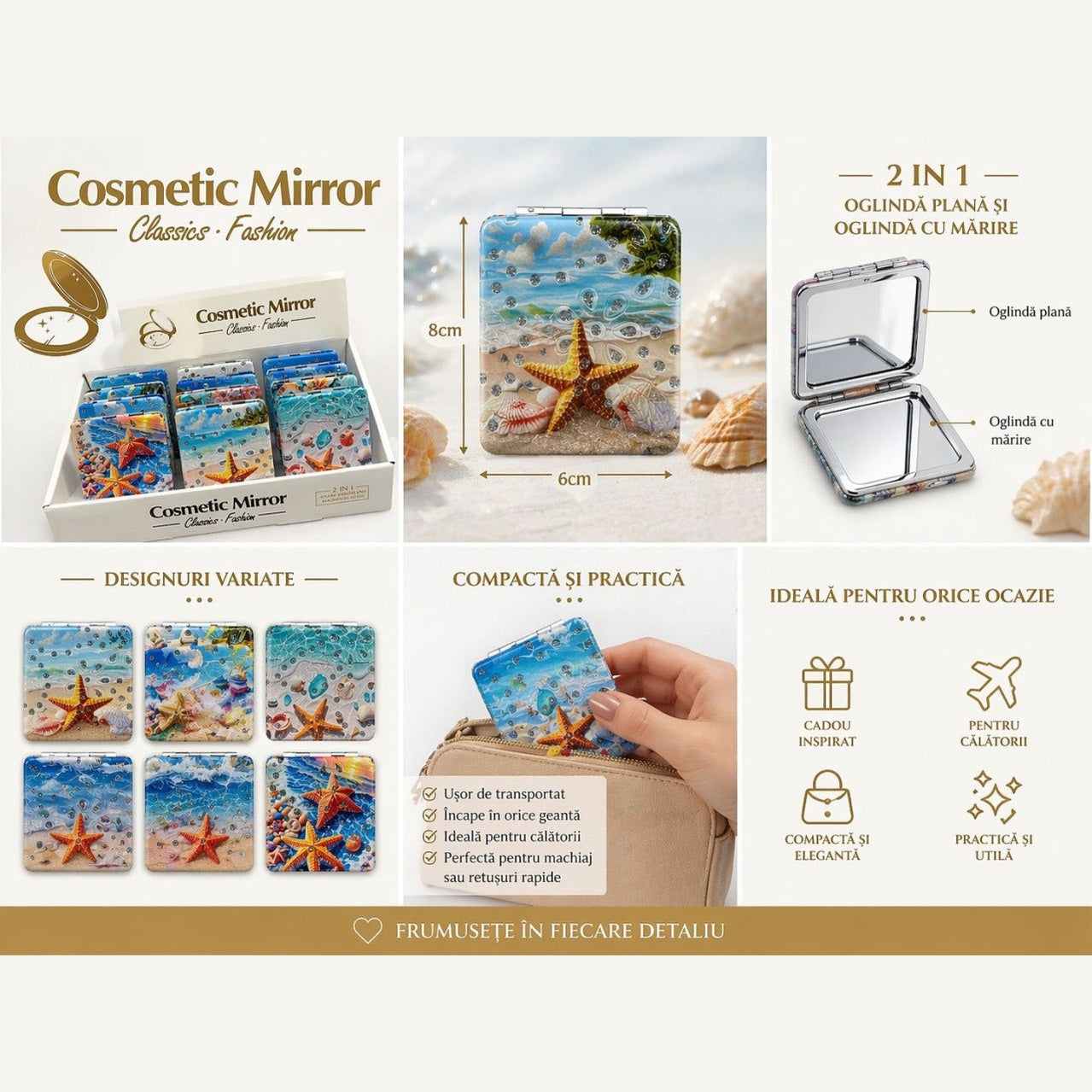 Set 12 oglinzi cosmetice buzunar 2 in 1 cu design marin, compacte