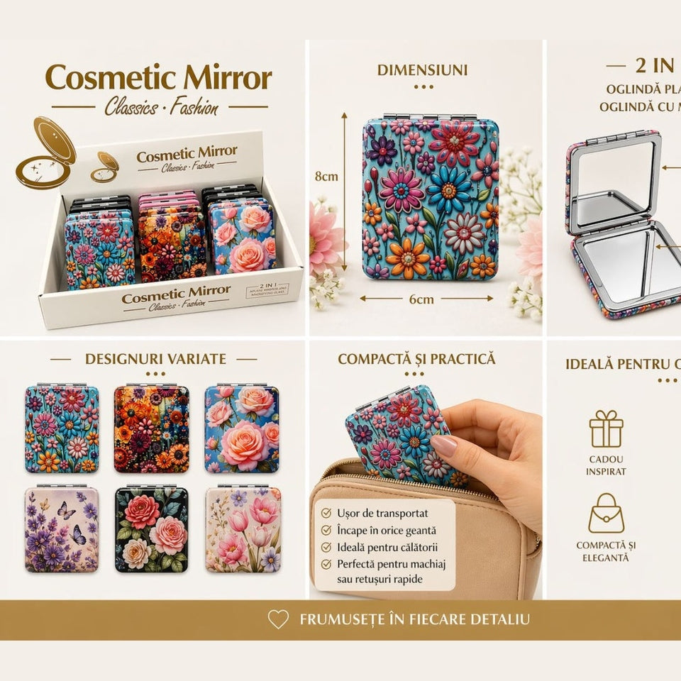 Set 12 oglinzi cosmetice buzunar 2 in 1 cu flori, compacte si elegante