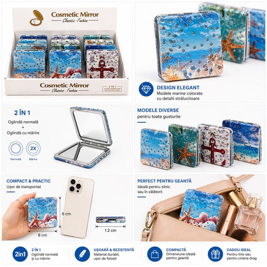 Set 12 oglinzi cosmetice buzunar 2 in 1 tematica marina, compacte