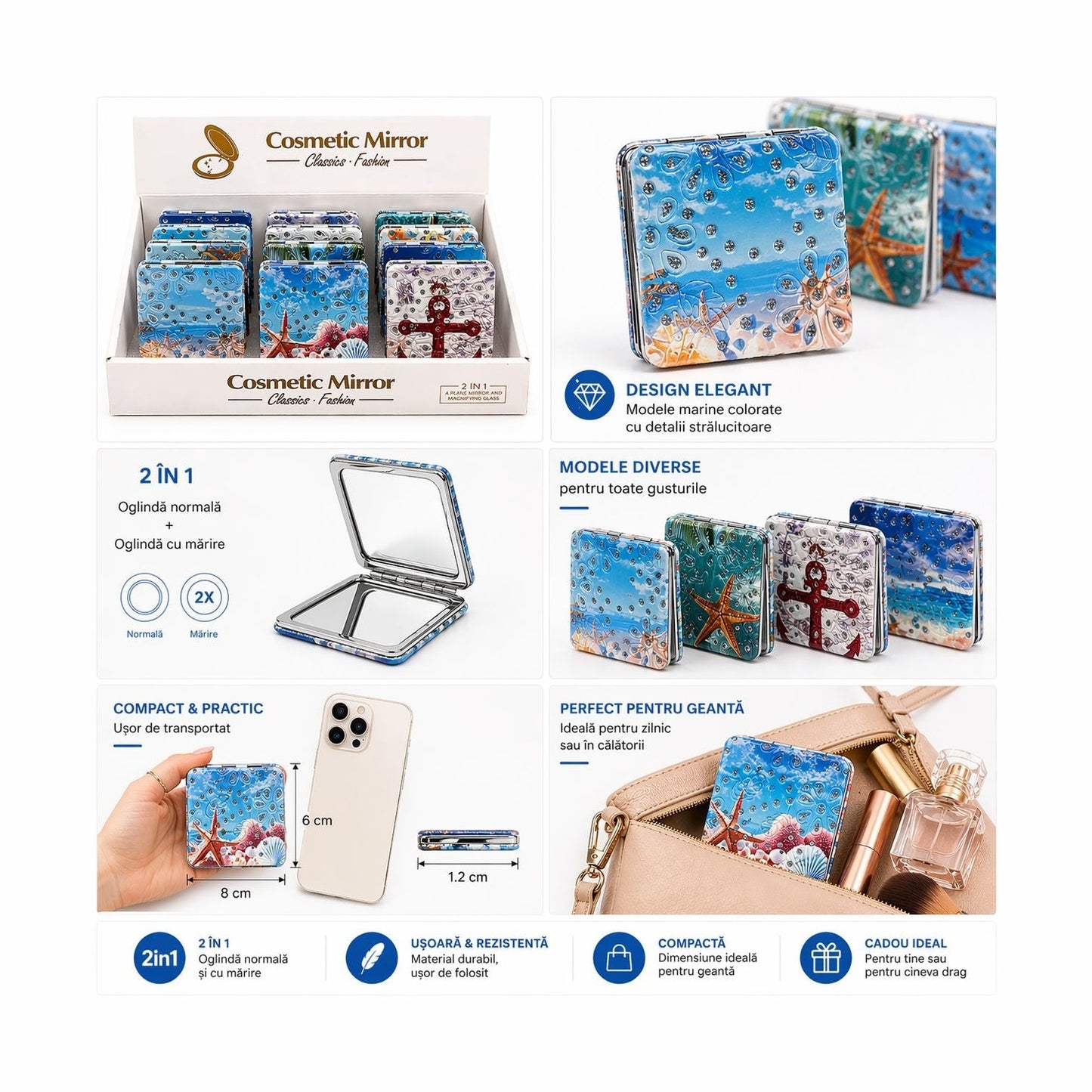 Set 12 oglinzi cosmetice buzunar 2 in 1 tematica marina, compacte