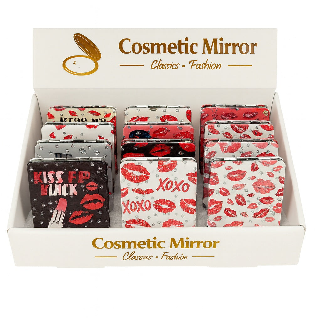 Set 12 oglinzi cosmetice compacte 2 in 1 , modele cu buze rosii si design fashion