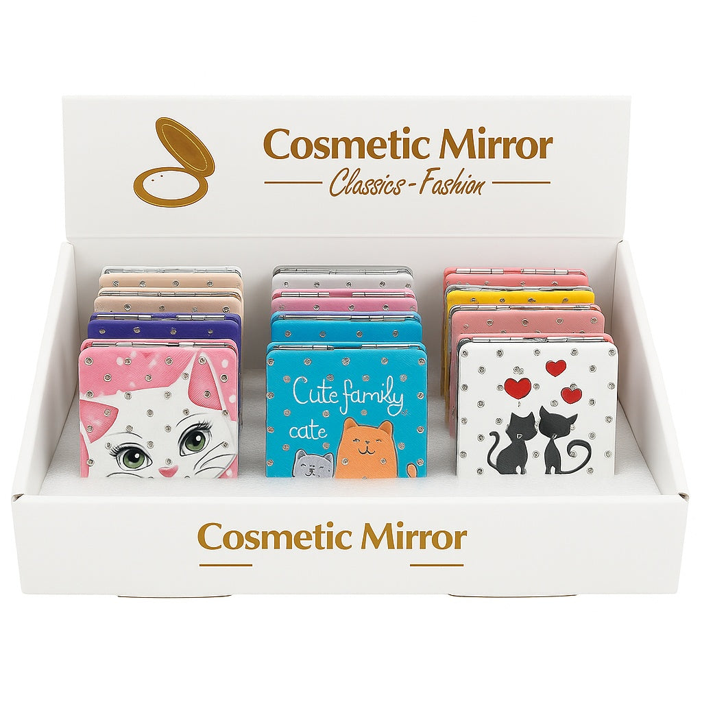 Set 12 oglinzi cosmetice compacte 2 in 1 , modele cu pisici, inimioare si design cute