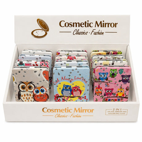 Set 12 oglinzi cosmetice compacte 8.5x6 cm, modele cu bufnite adorabile