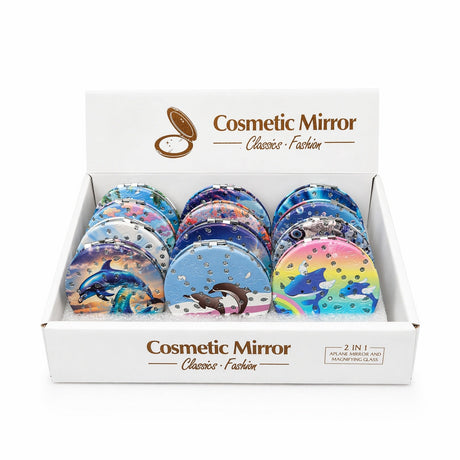 Set 12 oglinzi cosmetice rotunde cu delfini, 7cm, modele colorate, compacte