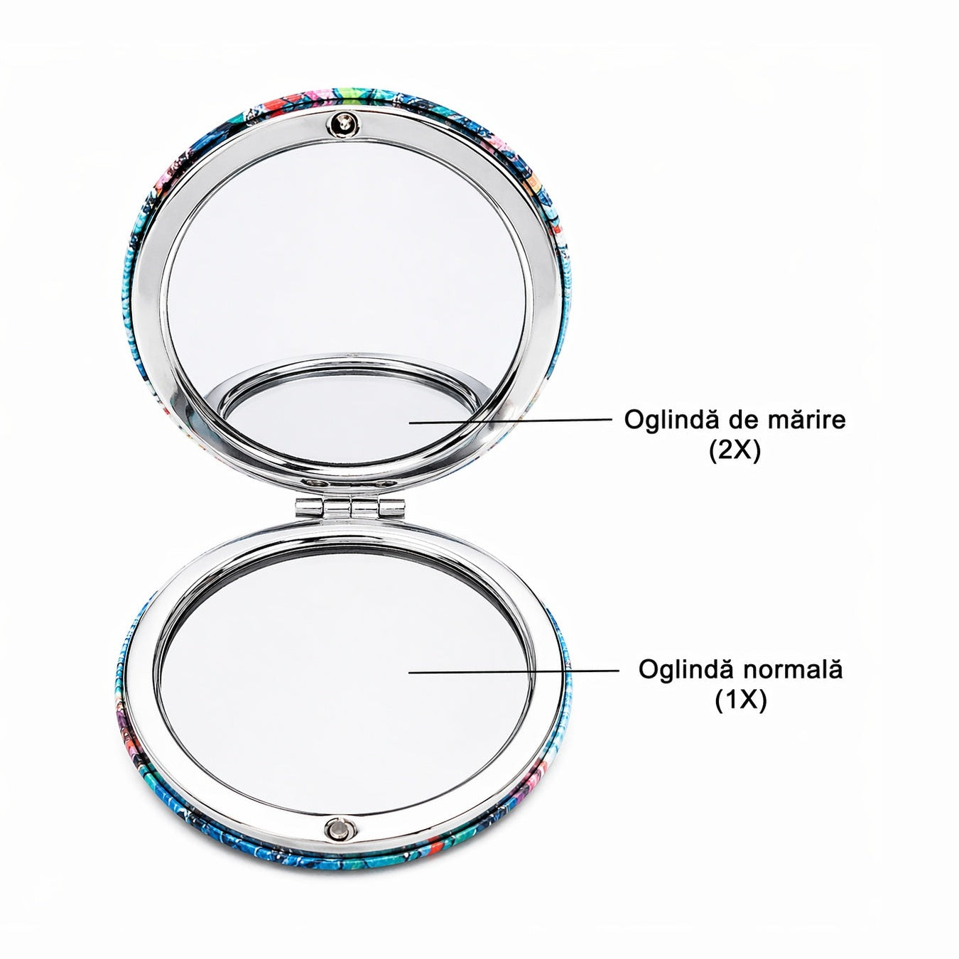 Set 12 oglinzi dama puf inimă cu breloc metalic și strasuri elegante