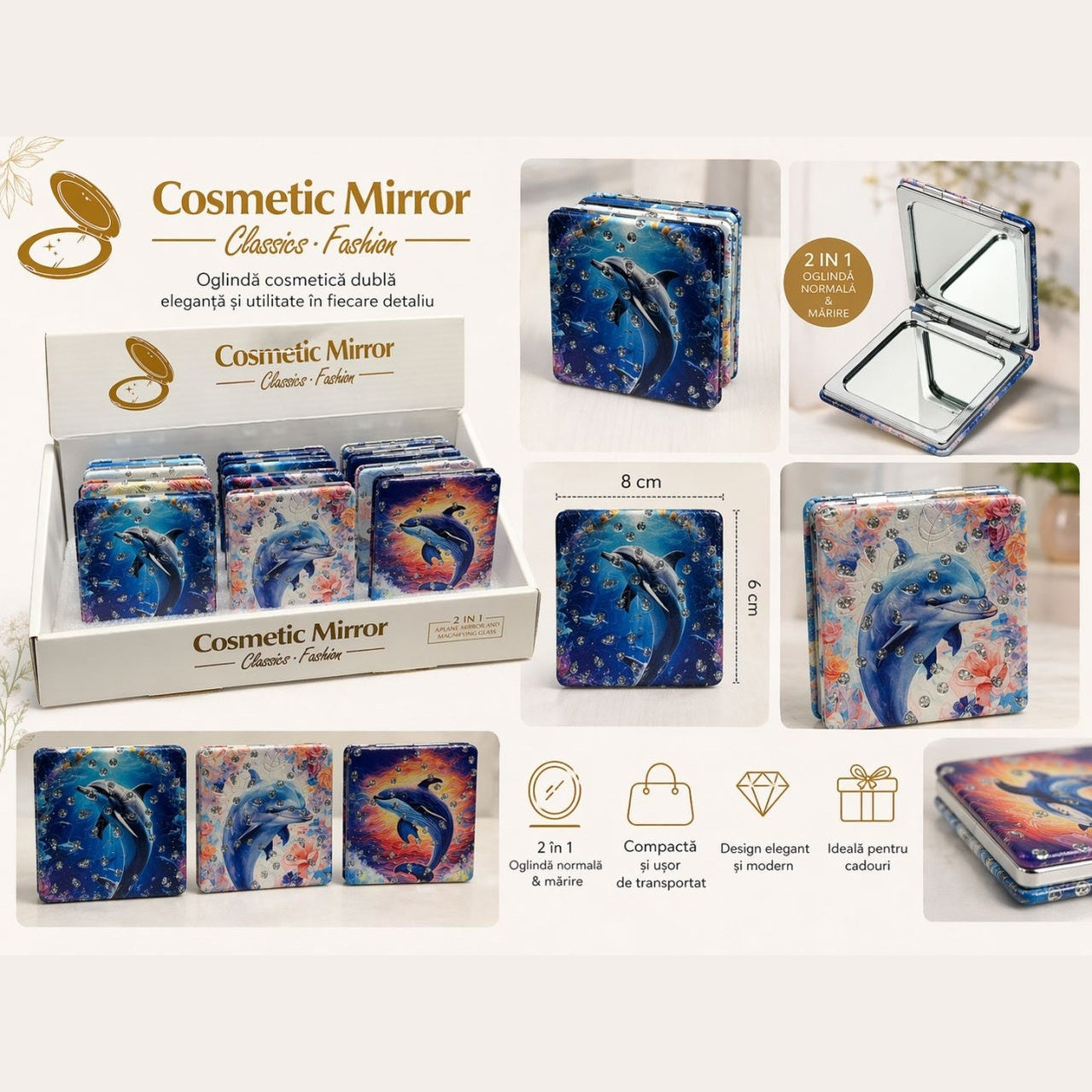 Set 12 oglinzi decorative cu delfini și cristale, dreptunghiulare, roz