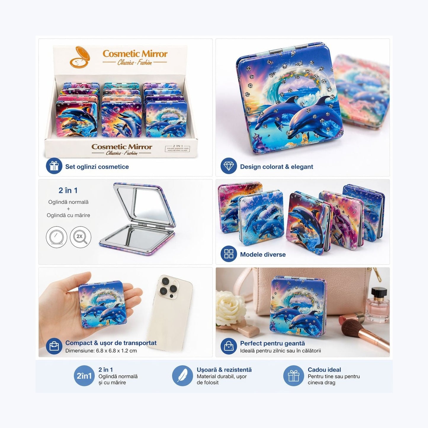 Set 12 Oglinzi decorative dreptunghiulare, delfini și cristale sclipitoare