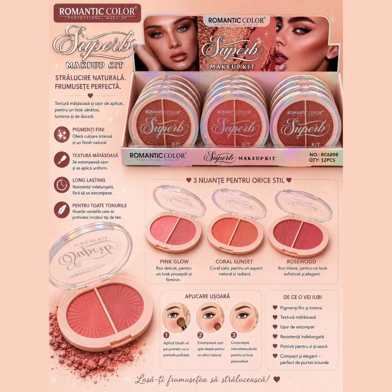 Set 12 Palete Blush Romantic Color Superb Makeup Kit – 2 Culori/Paletă, Pigment Intens