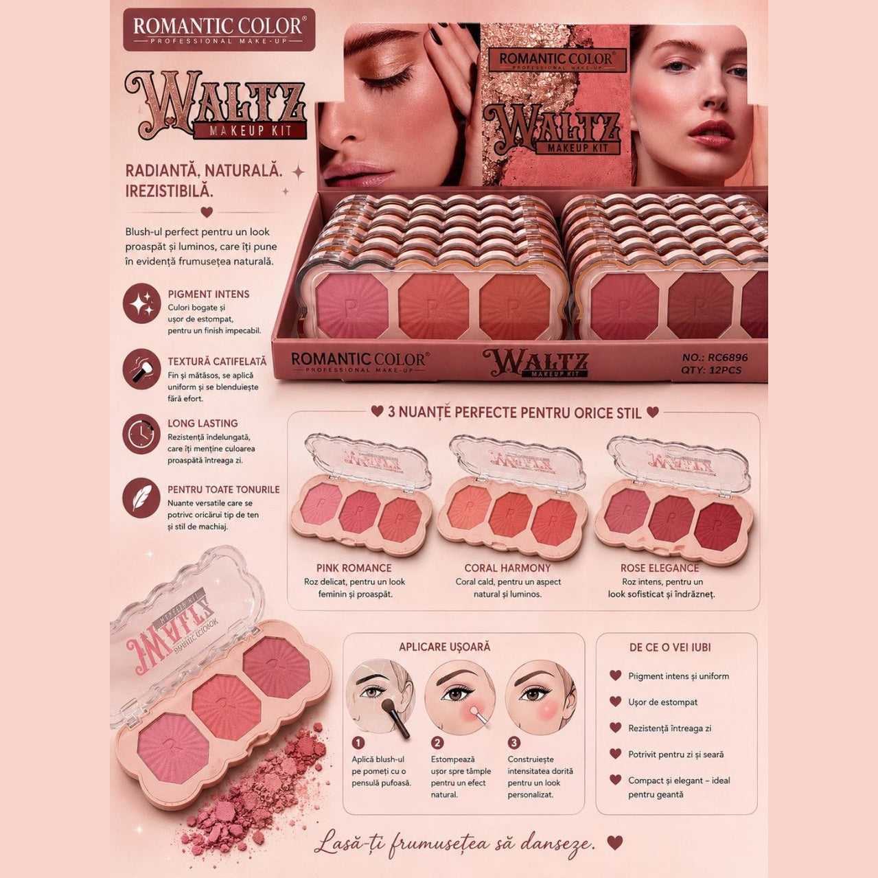 Set 12 Palete Blush Romantic Color Waltz Makeup Kit – 3 Nuanțe de Blush, Pigment Intens