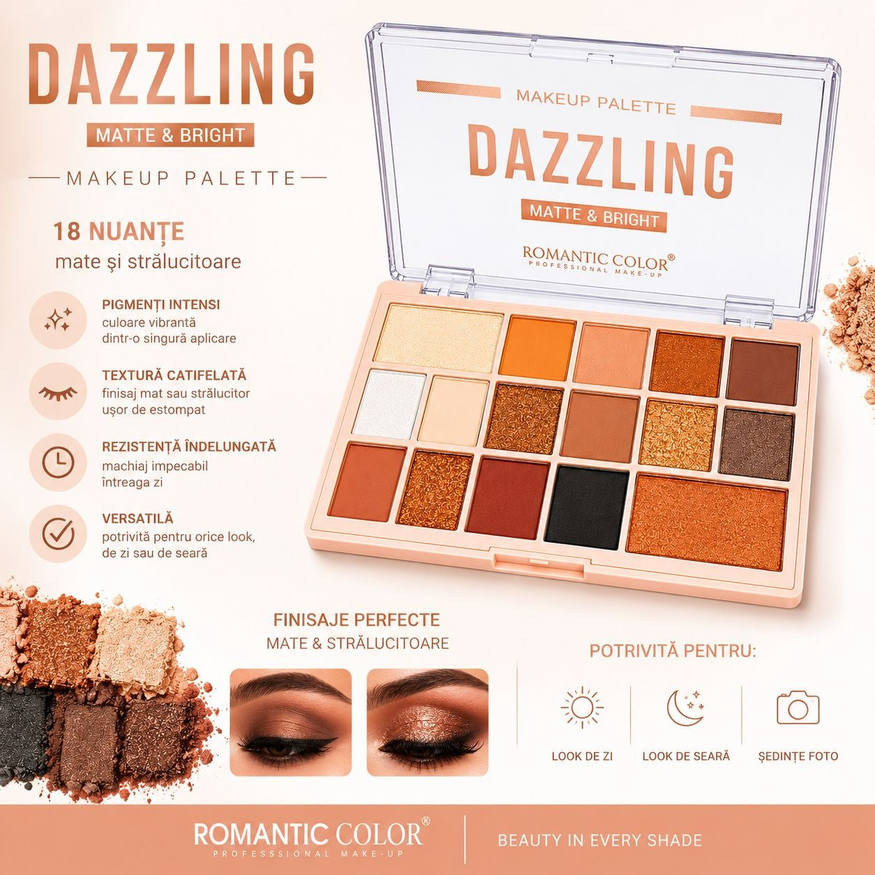 Set 12 Palete Farduri de Pleoape Romantic Color Dazzling Matte & Bright – 18 Nuanțe Mate și Sidefate