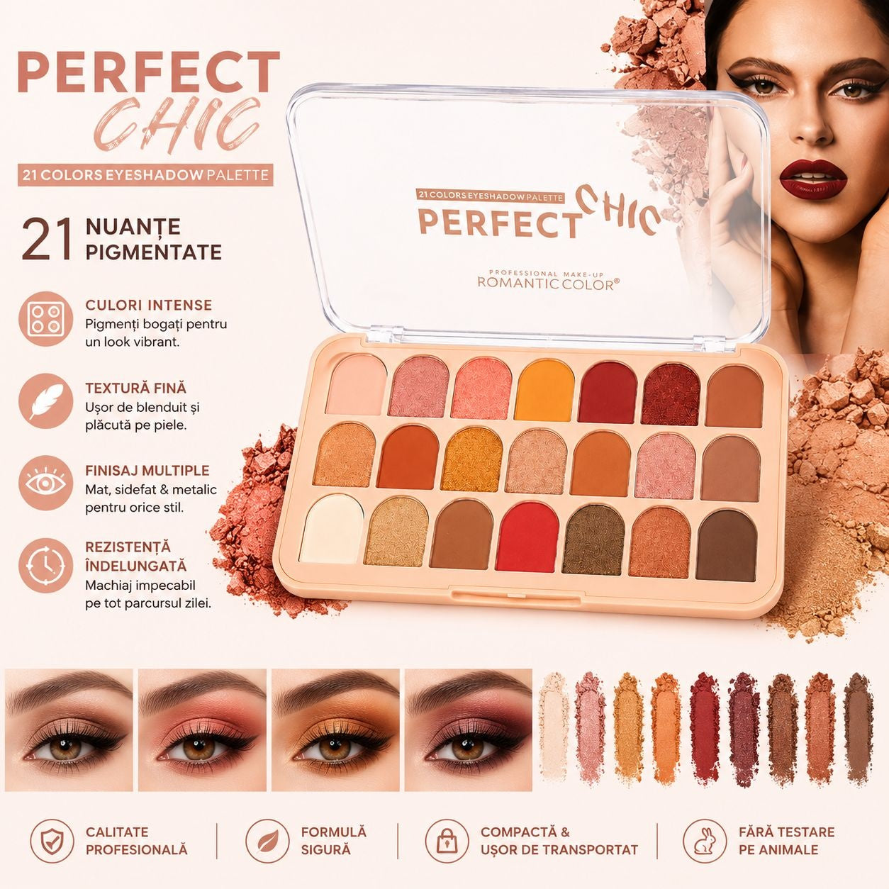 Set 12 Palete Farduri de Pleoape Romantic Color Perfect Chic – 21 Culori Pigmentate, Mate și Sidefate